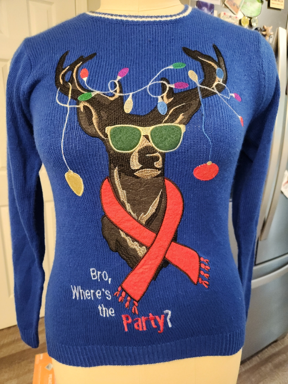 Men's Blue Holiday Deer Crewneck Sweater with Red Scarf